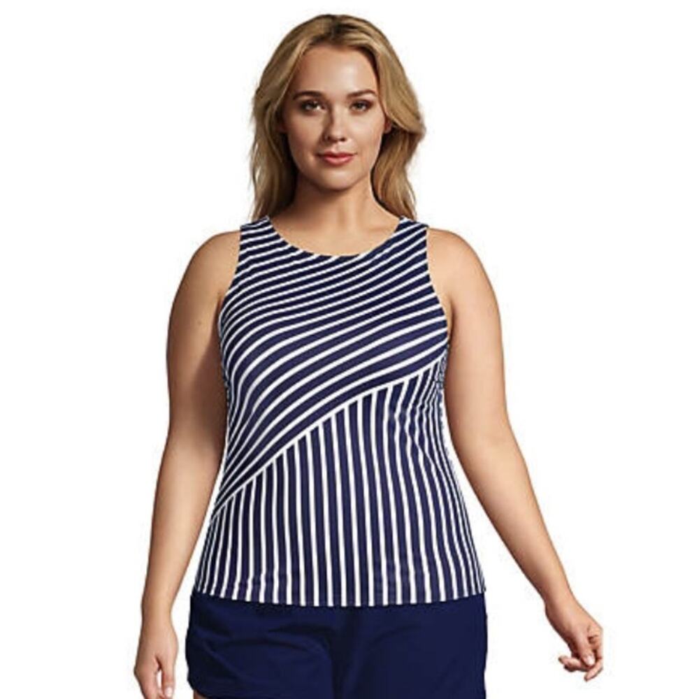 Lands’ End Women's 10D Tankini Swimsuit Top Striped High Neck Modest